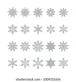 Set of outline vector isolated snowflakes. Twenty icons silhouette on white background.