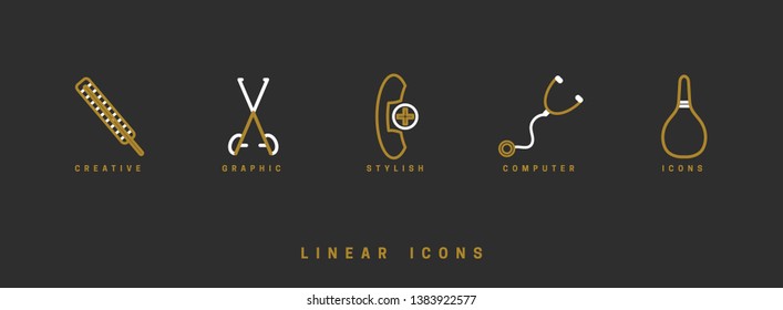 Set of outline vector medical icons for web design in simple linear style isolated on black background.