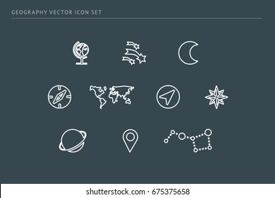 Set of outline vector school icons. Subject education geography. Globe, stars, earth, planet, label, compass.