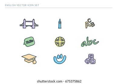 Set of outline vector school icons on the theme of education. The subject is English. Alphabet, flag, smile, bigben, bridge.