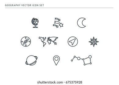 Set of outline vector school icons. Subject education geography. Globe, stars, earth, planet, label, compass.