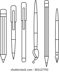 Set of outline vector school stationery writing tools- pencils, pens, brush. Back to school writing set