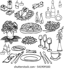 Set outline vector for serving festive table in the restaurant, holiday, food, meals, drinks, flowers, gifts, cutlery, black and white
