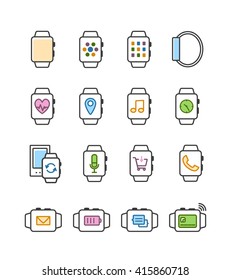 Set of outline vector smart watch icons. Smartwatch symbols. Fitness tracker, mobile payment, sinchronization