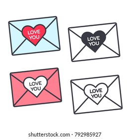 Set of outline vector St. Valentine's envelopes with heart and love you message. Blue, pink and white lovely envelopes with big heart and and love confession in flat style, colorful and monochrome