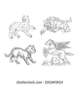 set of outline vector tiger, horse, dog, panther.