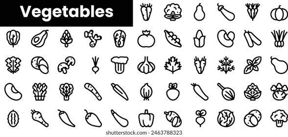 Conjunto de iconos de contorno de verduras. Conjunto de iconos de Web lineal fino minimalista. Ilustración vectorial.