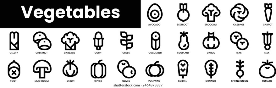 Set of outline vegetables icons. Minimalist thin linear web icon set. vector illustration.