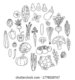 Set of outline vegetables on white background in doodle style. Bundle of hand drawn fresh vegetarian food, with black contour. Simple art objects. Vector illustration, isolated. 