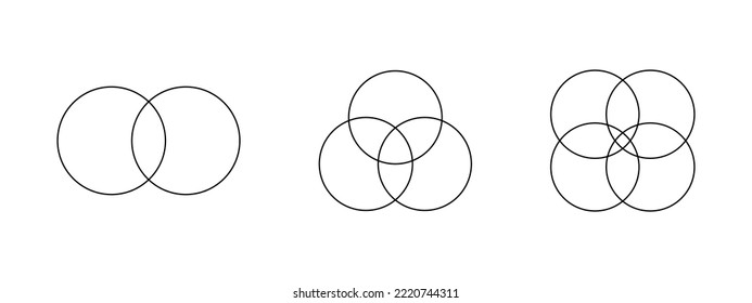 Conjunto de diagramas de Venn de esquema con 2, 3 y 4 círculos superpuestos. Plantillas para diagrama de finanzas, gráfico estadístico, presentación, esquema analítico, diseño infográfico. Ilustración gráfica de Vecor