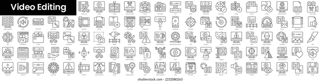 Conjunto de iconos de edición de vídeo de esquema. Conjunto de iconos de la web lineal delgada y minimalista. ilustración vectorial.