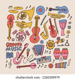 Set of outline vintage musical instruments - records, musical devices and equipments for playing music. Retro 70s style guitar, banjo, drum, tambourine. Vector hand drawn illustration isolated