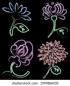 Set of outline watercolor brush drawings decorative vintage flowers