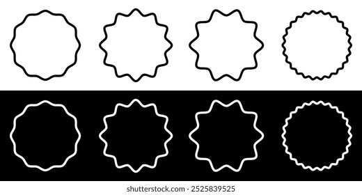 Satz der Umrisse Wavy Rand Kreis Aufkleber. Star Burst Form Tags zum Preis. Vektorgrafiken einzeln auf schwarz-weißem Hintergrund.