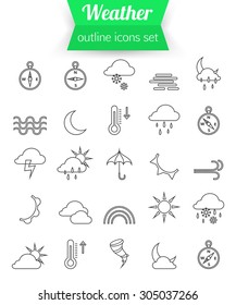 Set of outline weather icons. Sunshine, rain, wind, snow. Vector illustration