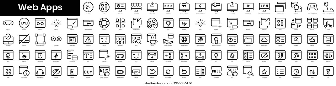 Conjunto de iconos de aplicaciones web de esquema. Conjunto de iconos de la web lineal delgada y minimalista. ilustración vectorial.