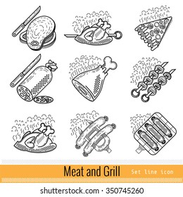 Set of Outline Web Icon. Meat Grill BBQ