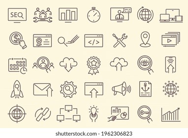 Set of outline web icons - Search engine optimization. Thin line web icons collection. Simple style or minimal style vector illustrations isolated on yellow background