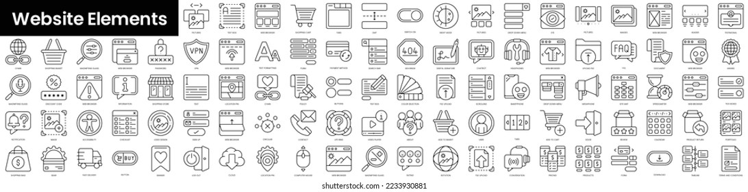 Conjunto de iconos de elementos del sitio web de esquema. Conjunto de iconos de la web lineal delgada y minimalista. ilustración vectorial.