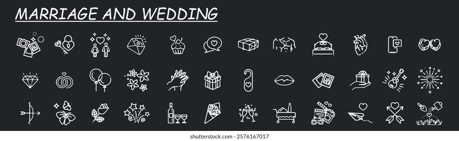 Set of outline wedding icons on grey background. Minimalist thin linear web icons bundle. vector illustration.