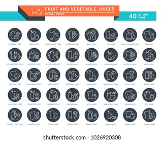 Set of outline white icons on black rounds of fruit and vegetable juices with names. Collection vector thin line signs. Simple linear pictogram pack for web graphics and apps.