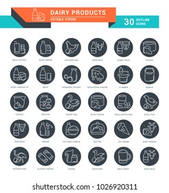 Set of outline white icons on black rounds of dairy products with names. Collection vector thin line signs. Simple linear pictogram pack for web graphics and apps.
