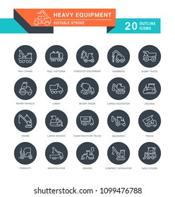 Set of outline white icons on black rounds of heavy equipment with names. Collection vector thin line signs. Simple linear pictogram pack for web graphics and apps.