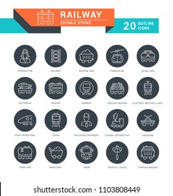Set of outline white icons on black rounds of railway with names. Collection vector thin line signs. Simple linear pictogram pack for web graphics and apps.