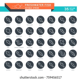 Set of outline white icons on black rounds of freshwater fish with names. Collection vector thin line signs. Simple linear pictogram pack for web graphics and apps.