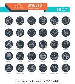 Set of outline white icons on black rounds of sweets with names. Collection vector thin line signs. Simple linear pictogram pack for web graphics and apps.