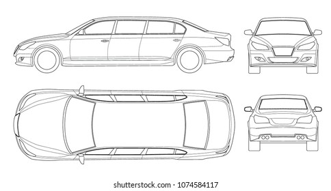 Set of outline white limousines isolated on white. Template limousine icon vector. Premium people transportation. Viev , front, rear, side.