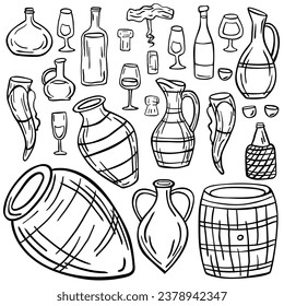 Set of outline wine bottles, barrels, glasses, corks, kvevri and corkscrews on a white background. Vector illustration