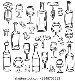 Set of outline wine bottles, glasses, corks and corkscrews on a white background. Vector illustration