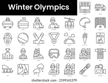 Juego de iconos esquemáticos de las Olimpiadas de Invierno. Conjunto de iconos web lineales delgados y minimalistas. ilustración vectorial.