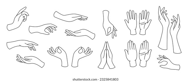 Set outline woman hands. Collection of different elegant gestures. Line art for logo design, trendy minimal style.