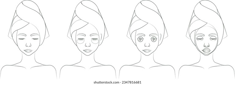 Set of outline women with towel on the head