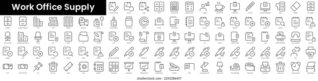 Set of outline work office supply icons. Minimalist thin linear web icon set. vector illustration.