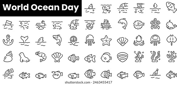 Set of outline world ocean day icons. Minimalist thin linear web icon set. vector illustration.