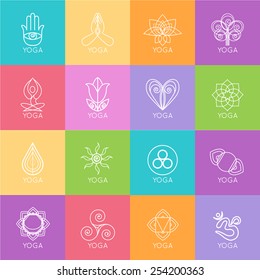 Set of outline yoga monograms and logos. Vector illustration.