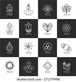 Set of outline yoga monograms and logos. Vector illustration