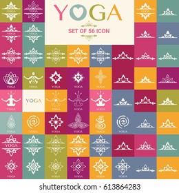 Set of outline yoga monograms and logos. Abstract yoga design elements, icons and badges. Vector illustration of human in lotus pose