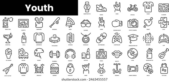 Set of outline youth icons. Minimalist thin linear web icon set. vector illustration.