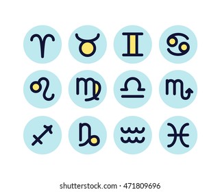 Set of outline zodiac signs (symbols) icons  with yellow details in blue circles isolated on white background. Art vector illustration.