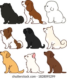 Set of outlined adorable dogs sitting in side view