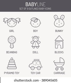 Set of outlined baby icons (smiling children, kid's toys and stuff) in linear style. Monochrome, isolated on white background