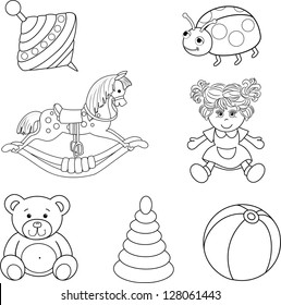 Set of outlined baby's toys elements.Vector illustration