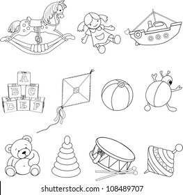 Set of outlined baby's toys . Vector illustration