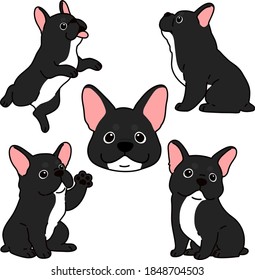Set of outlined black colored French Bulldog puppy illustrations
