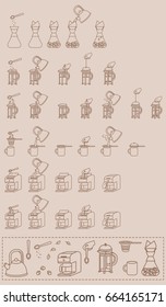 Set of outlined coffee and tea brewing instructions icons.