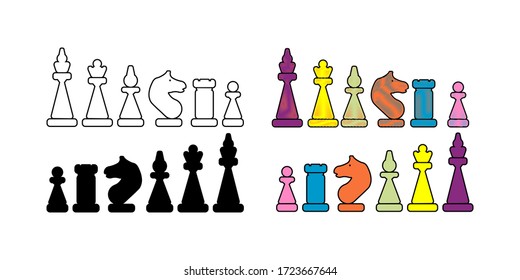Set of outlined, color filled, silhouette, embroidered chess sport related icons. Vector stock illustrations included pawn, rook, hourse, bishop, queen, king icons, isolated on white background.